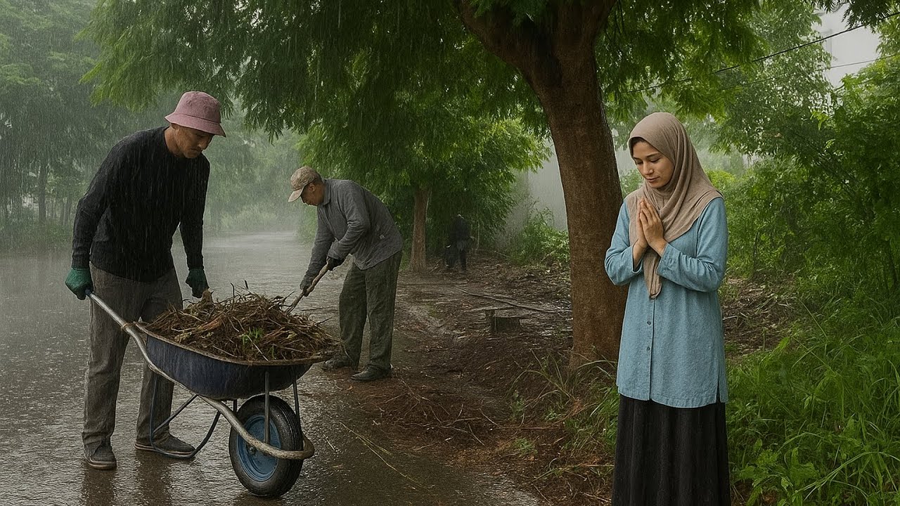 Женщина в панике, увидев нас убирающих тротуар у её дома под дождём
