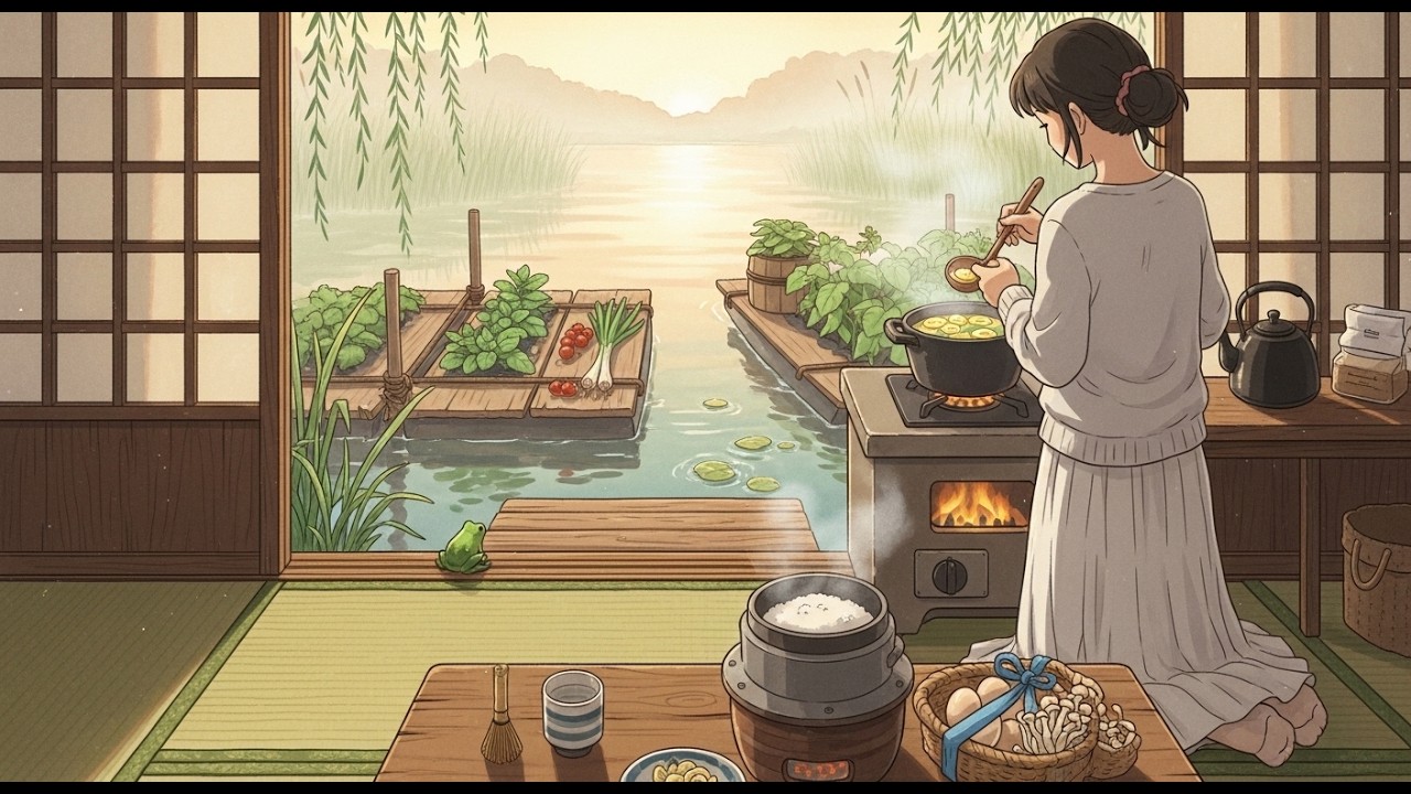 A Peaceful Day on a Floating River House | Ghibli Silent Days | Ghibli-Style Video