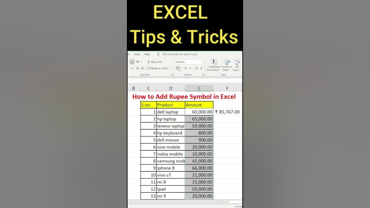How to add Indian Rupee (₹) Symbol in excel Shorts Excel Exceltips