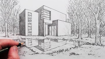 How to Draw a House in 2-Point Perspective with Reflection in Landscape