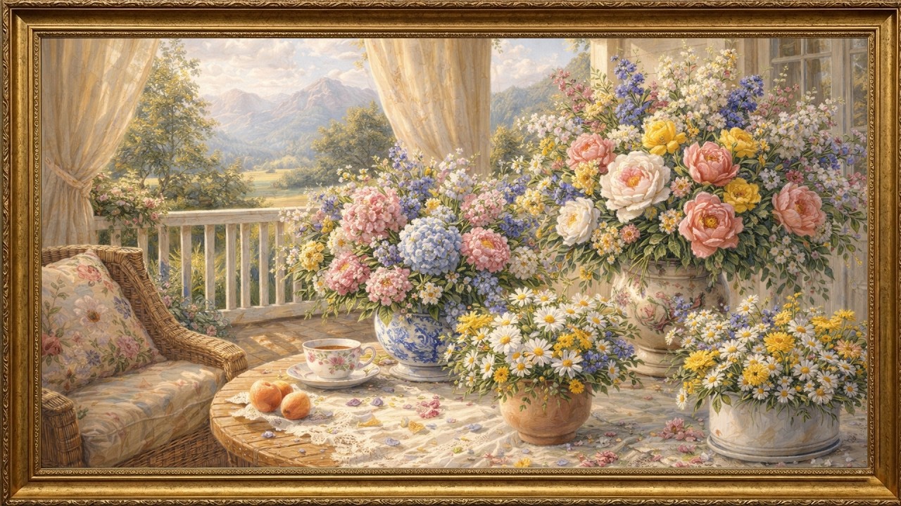 2 Hours Cozy Veranda Floral Oil Painting | Romantic Summer Bouquets | 4K Frame TV Art Screensaver