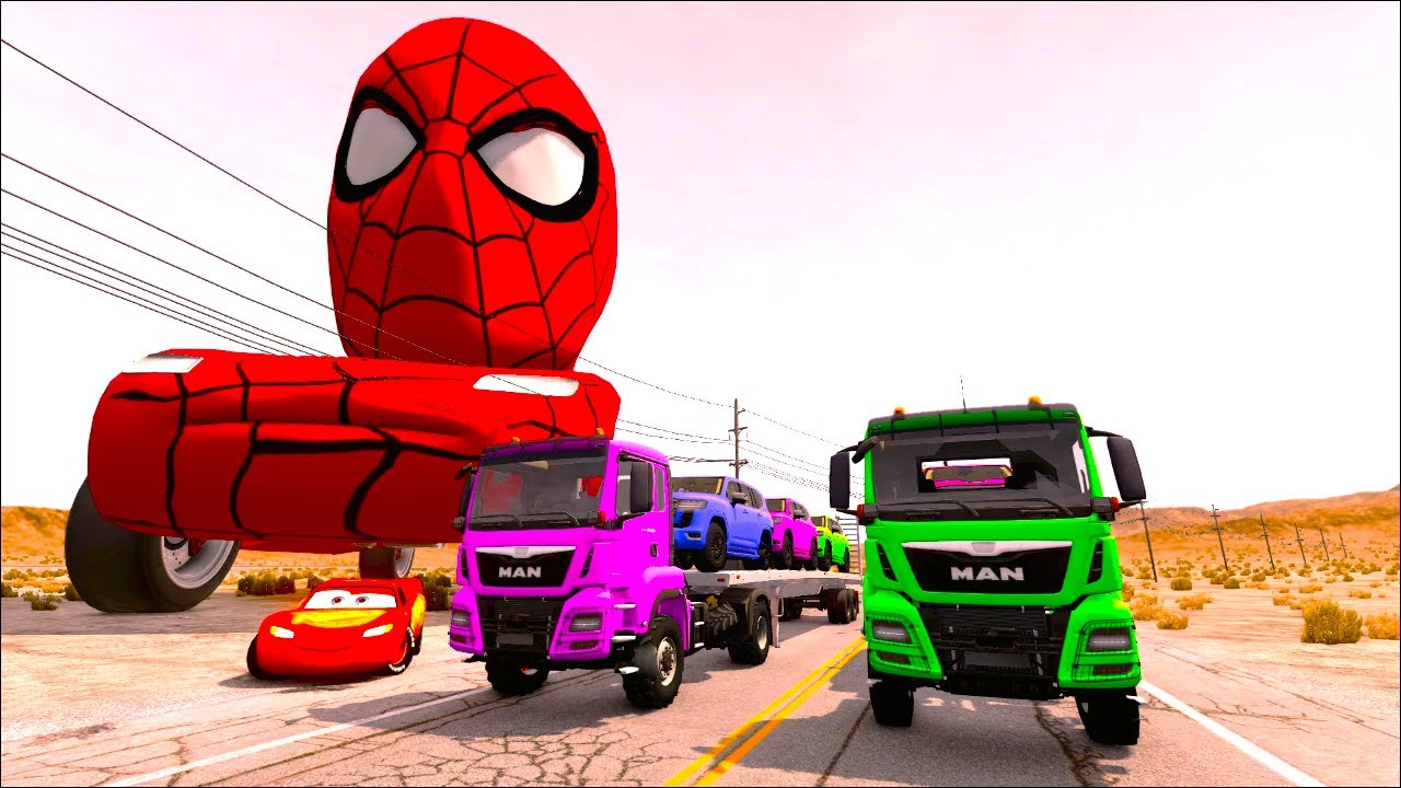 Triple Flatbed Trailer McQueen Transportation with Truck - Speedbumps vs Cars vs Train - BeamNG #12