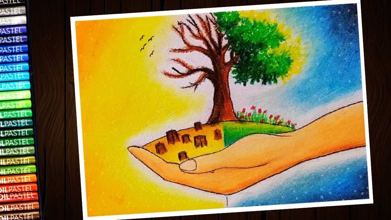 Save nature poster drawing with oil pastel for beginners step by step