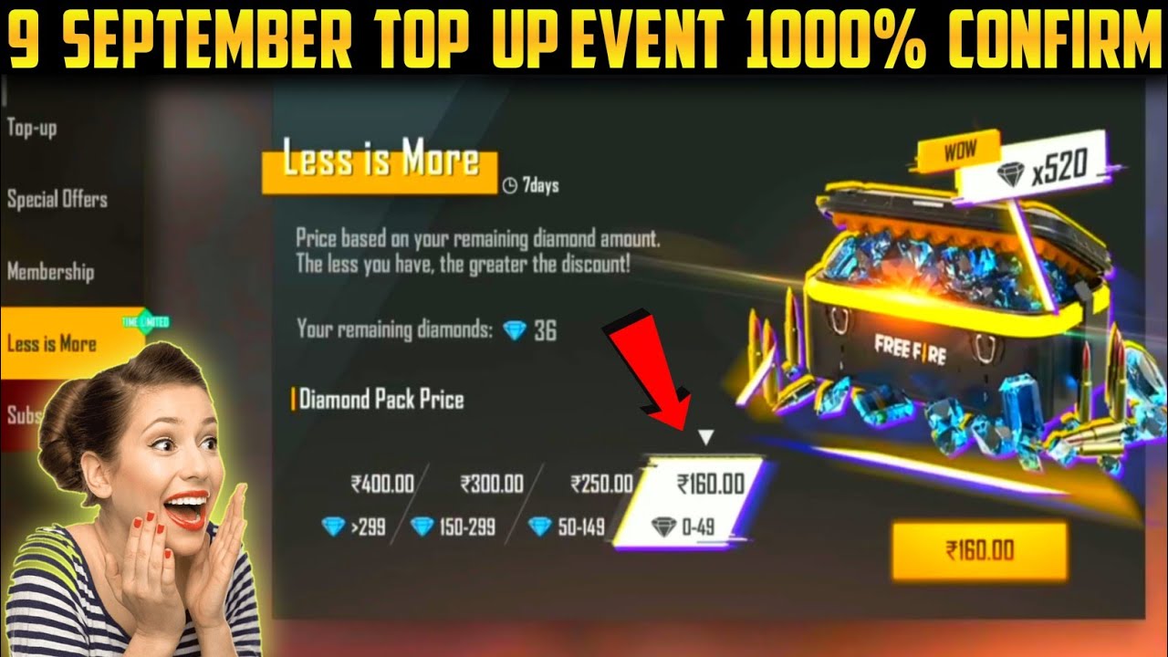 FREE FIRE 9 SEPTEMBER TOP UP EVENT || 9 SEPTEMBER LESS IS MORE TOP UP EVENT || FF NEW TOP UP EVENT