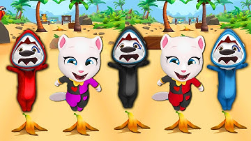 TALKING TOM GOLD RUN - CARNIVAL ANGELA VS SHARK HANK  COLORS REACTION BANANA FALLS/SLIPS FUNNY FAIL