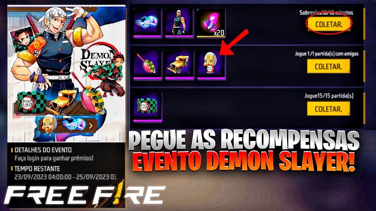 FINALMENTE!! RESGATE AS NOVAS SKINS DE GRAÇA? EVENTO DEMON SLAYER, NOVO  CODIGUIN E MAIS - FREE FIRE 