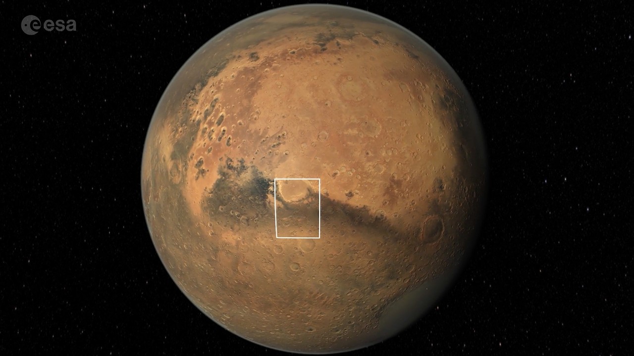 Fly Over Schiaparelli Crater on Mars – Animated From Orbiter Imagery