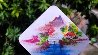 Easy Oil Pastels Drawing: Abstract Nature Mountain Village Scenery on Mini Paper - Art Artistry