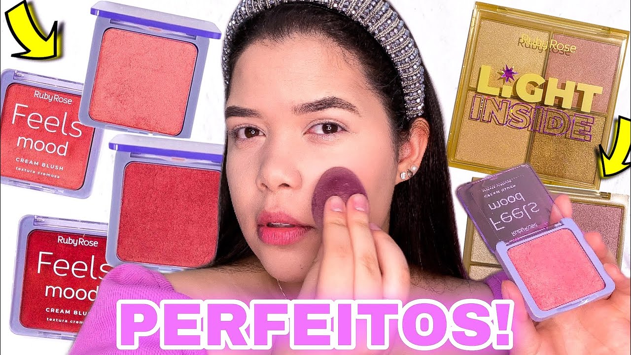 TESTANDO NOVIDADES RUBY ROSE / blush cremoso+ paleta de iluminador ...