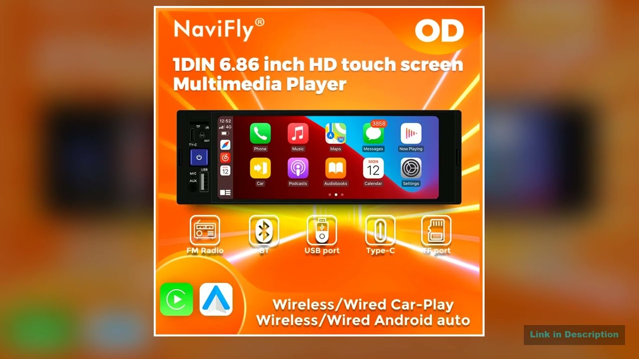 NaviFly 686 1 Din MP5 Player Car Stereo Radio Wireless Carplay Android Auto Multimedia Player BT