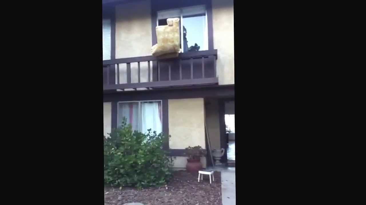 Couch falling out of a 2 story window YouTube