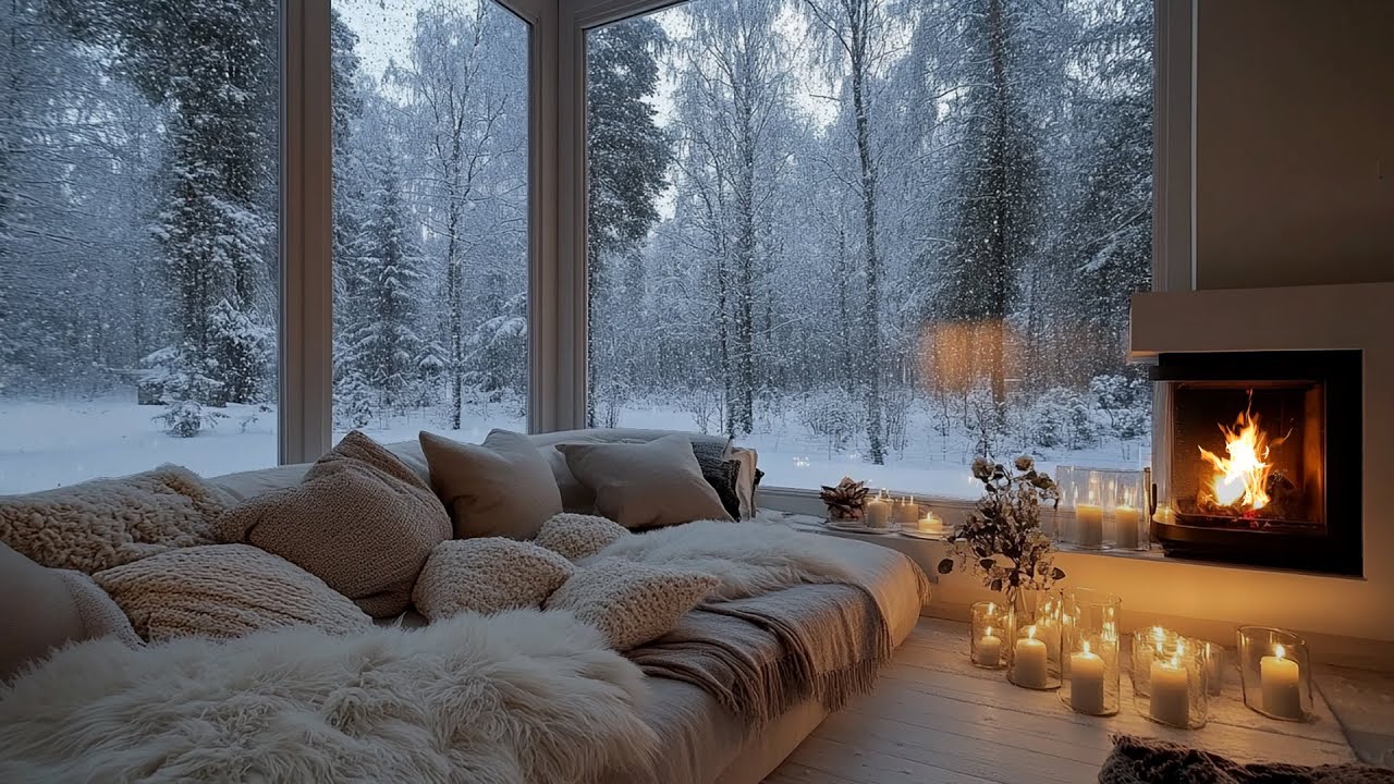 Peaceful Snowfall Ambience: Cozy Glass House with Fireplace and Snowy Forest for Deep Sleep