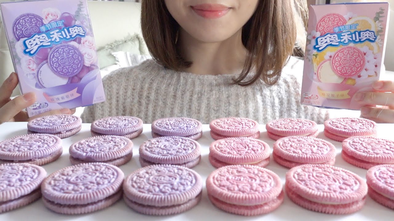 ASMR】SPRING OREO【EATINGSOUNDS】PINK & PURPLE FOOD SWEETS 
