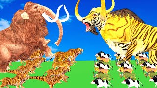 10 Mammoth Elephant vs 10 Zombie Bull vs Giant Tiger Fight Cow CartoonSaved by Woolly Mamoth