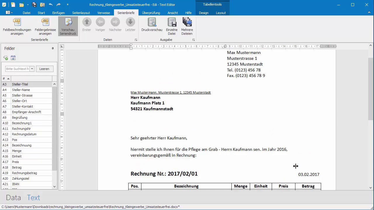 Rechnung-Kleingewerbe anhand von Word- und Excel-Vorlage ...