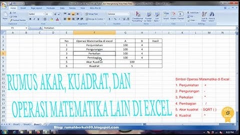 rumus akar, kuadrat dan operasi matematika lain di excel