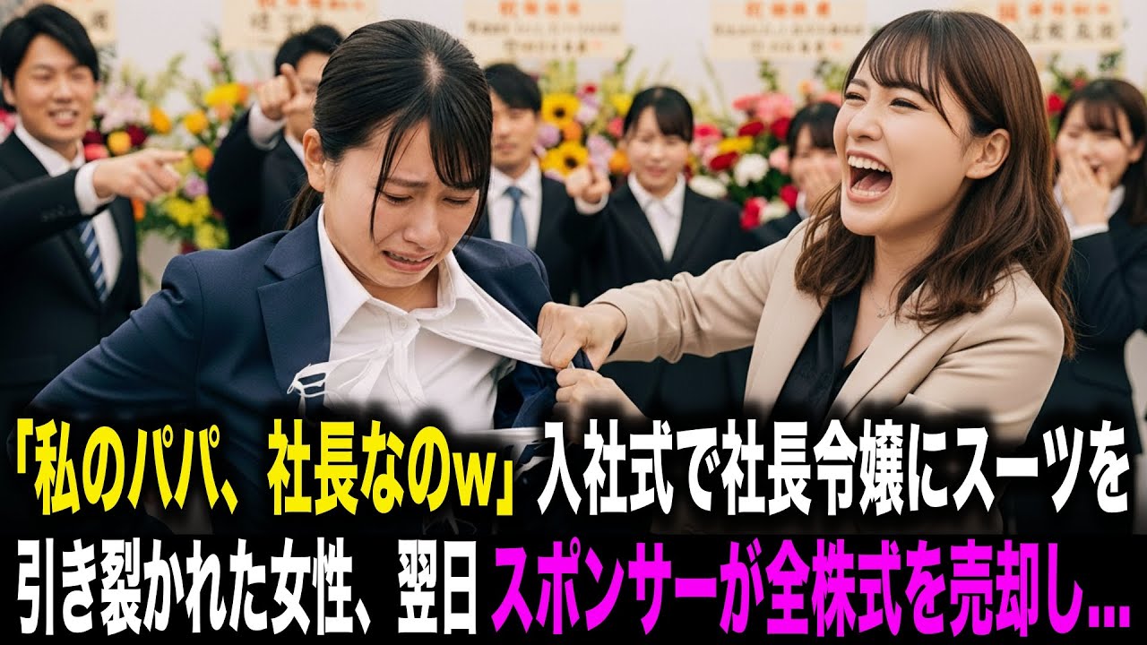 【スカッとする話】「私のパパ、社長なのw」入社式で社長令嬢の同期にスーツを引き裂かれた新入社員の女性。翌日、スポンサー企業が全株式を売却し地獄に落ちる…