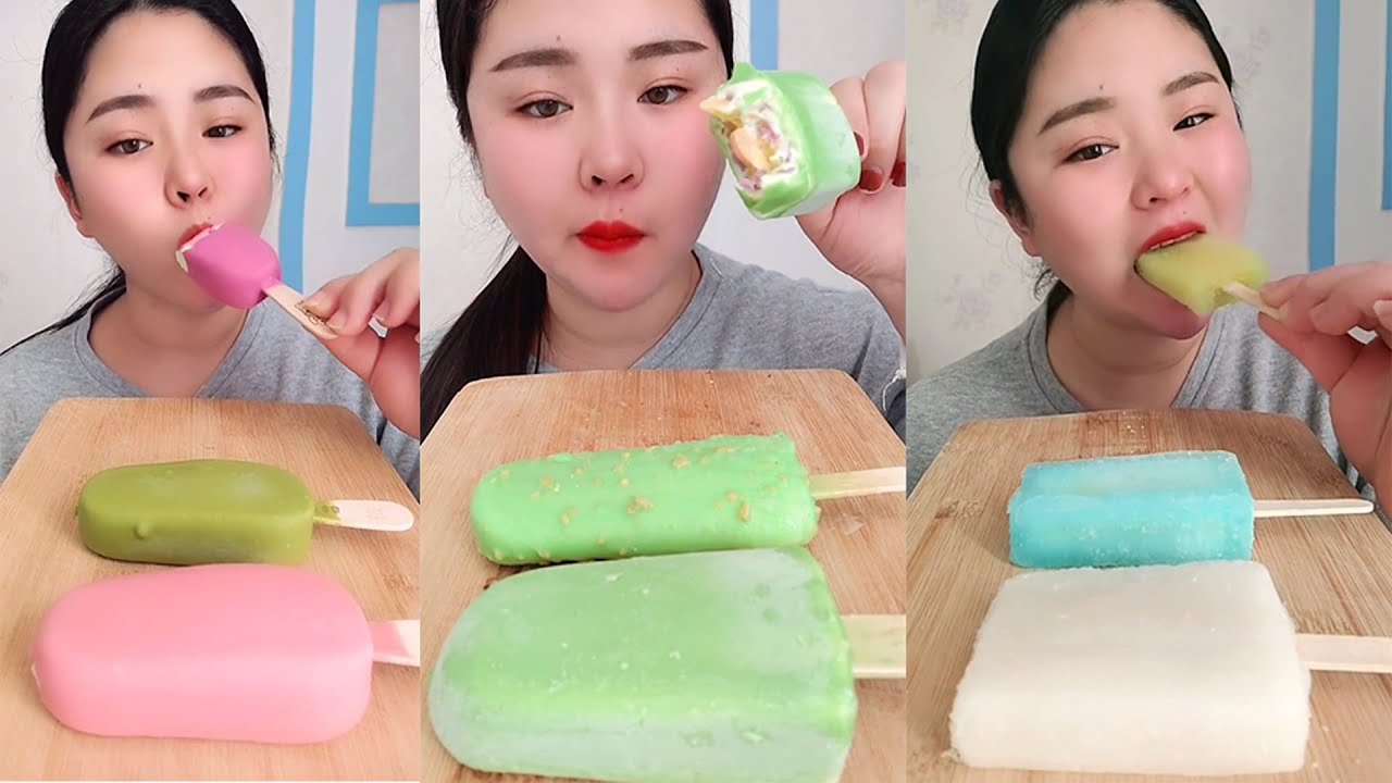 eating ice cream chinese asmr strawberry flavor show crispy voice all