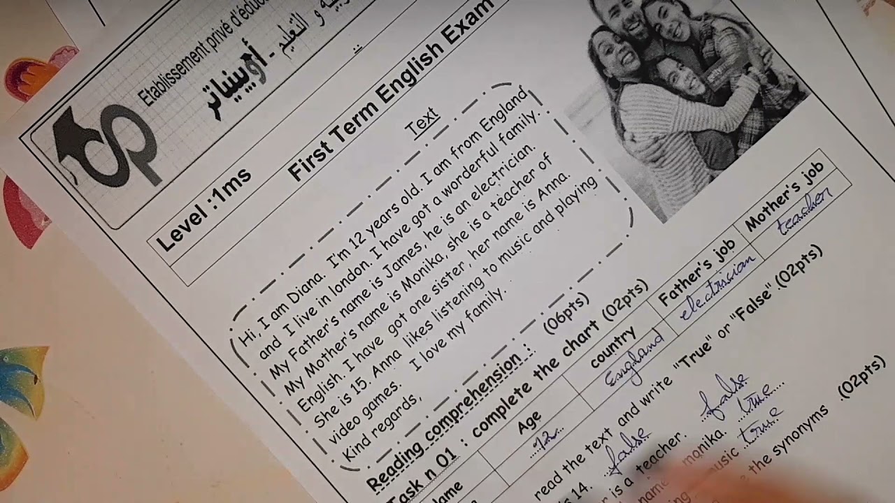 اختبار الفصل الأول لغة إنجليزية سنة أولى متوسط.