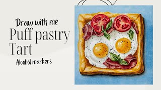Draw with me: Puff pastry tart illustration \\ Realistic drawing \\ Alcohol markers