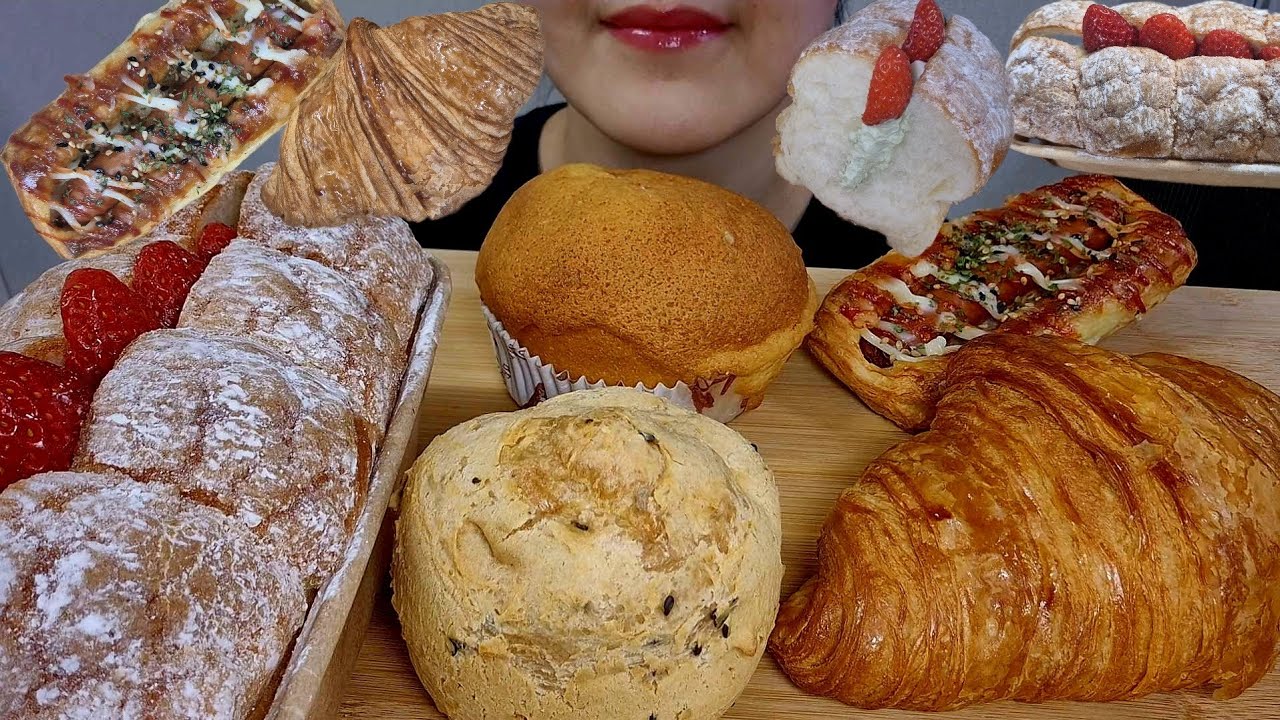 Asmr Mukbang bread 여러가지 빵 먹방 딸기말차크림식빵 소세지빵 크로와상 깨찰빵 소금버터번