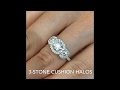 Round Diamond in Cushion Halos Three-Stone Engagement Ring Round Diamond in Cushion Halos Three-Stone Engagement Ring