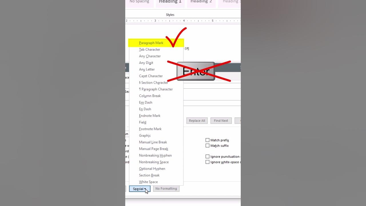 Word replace feature for special characters replace all hard returns