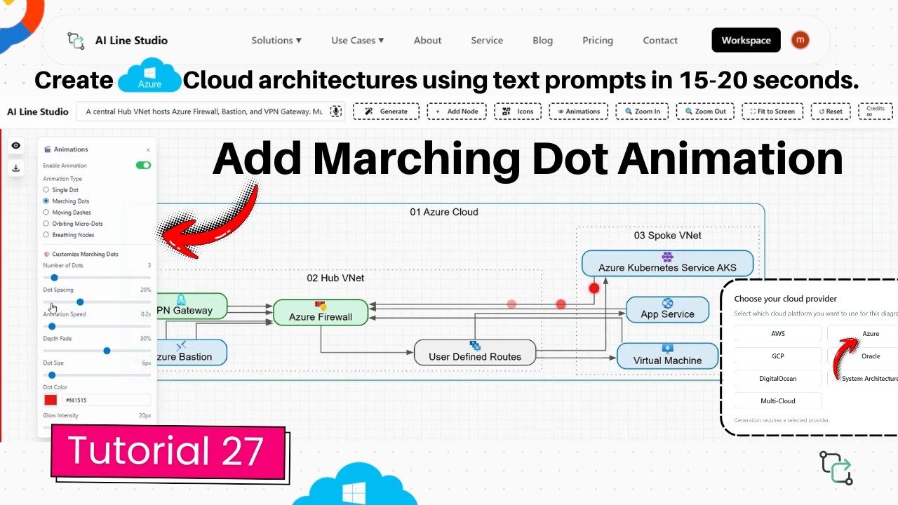 Azure architecture diagram marching dot animation tutorial showing pulses of light along hub-and-spoke connection lines