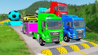 Double Flatbed Trailer Truck vs Speedbumps Train vs Cars | Tractor vs Train Beamng.Drive 059