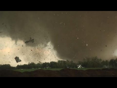 A huge tornado destroys buildings and uproots trees! People are hiding in shelters. Alabama, USA