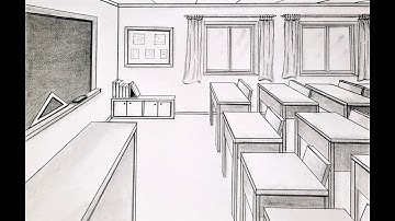 How to draw a classroom in one point perspective, speed drawing