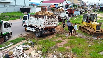 O.M.G incredible Start New Landfill Task! DUMP TRUCK BACK UPLOADING STUCK & Dozer D37 Pushing Soil