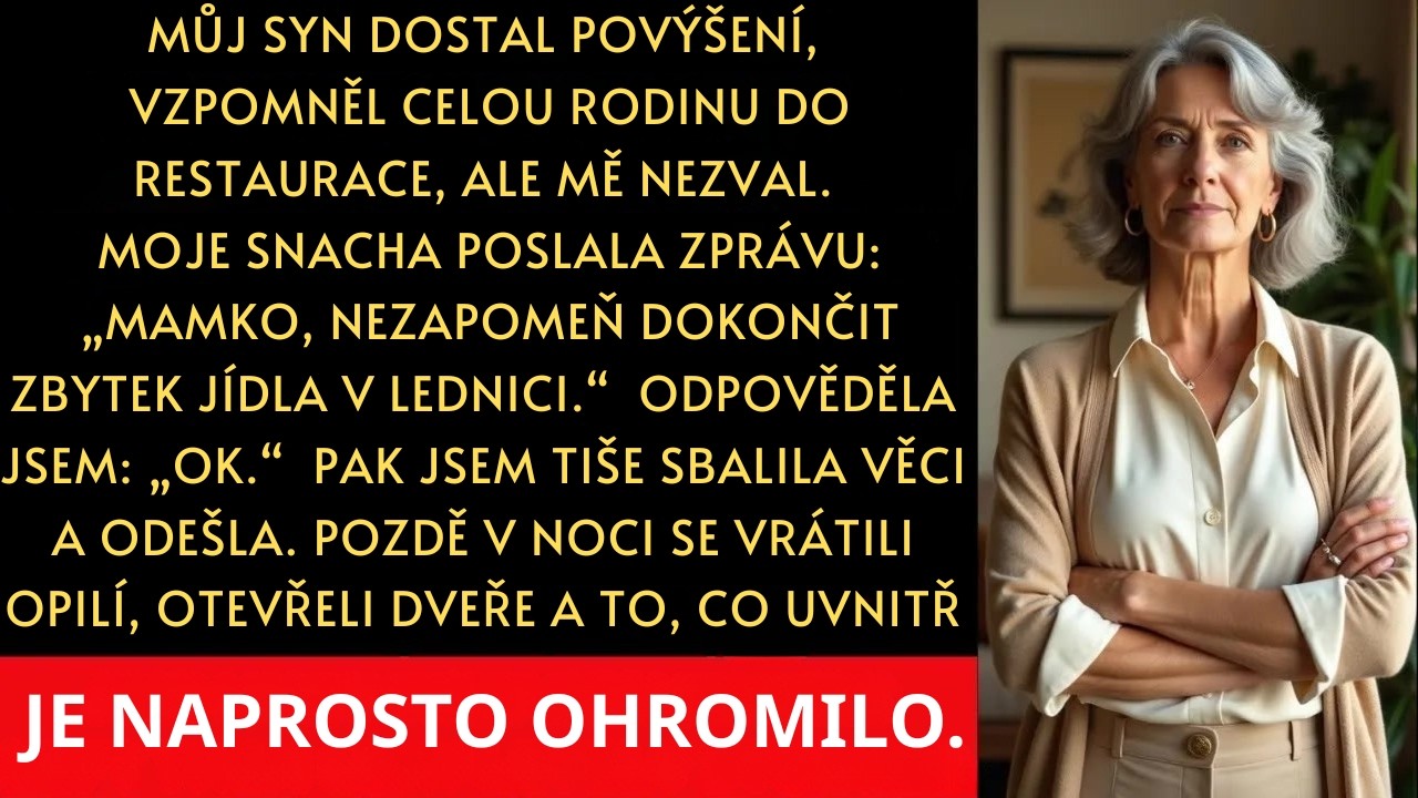 V kuchyni jsem krájela okurky, když se mi na telefonu rozsvítila zpráva od syna. Na fotce seděli všichni u stolu v restauraci – on, jeho žena, její rodiče, můj vnuk. Všichni, jen já jsem tam...