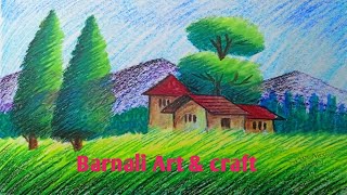 How to draw village scenery/Easy Indian Village Scenery drawing with oil pastel colours#115