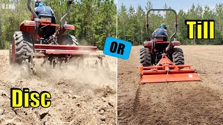 disc harrow vs tiller on plowed field with hydrostatic compact tractor