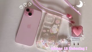 Iphone 15 Pink Unboxing cute accessories + pink set up!