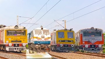 [8 in 1] Different Types loud honking Indian locomotive dangerously skipping through railgate.