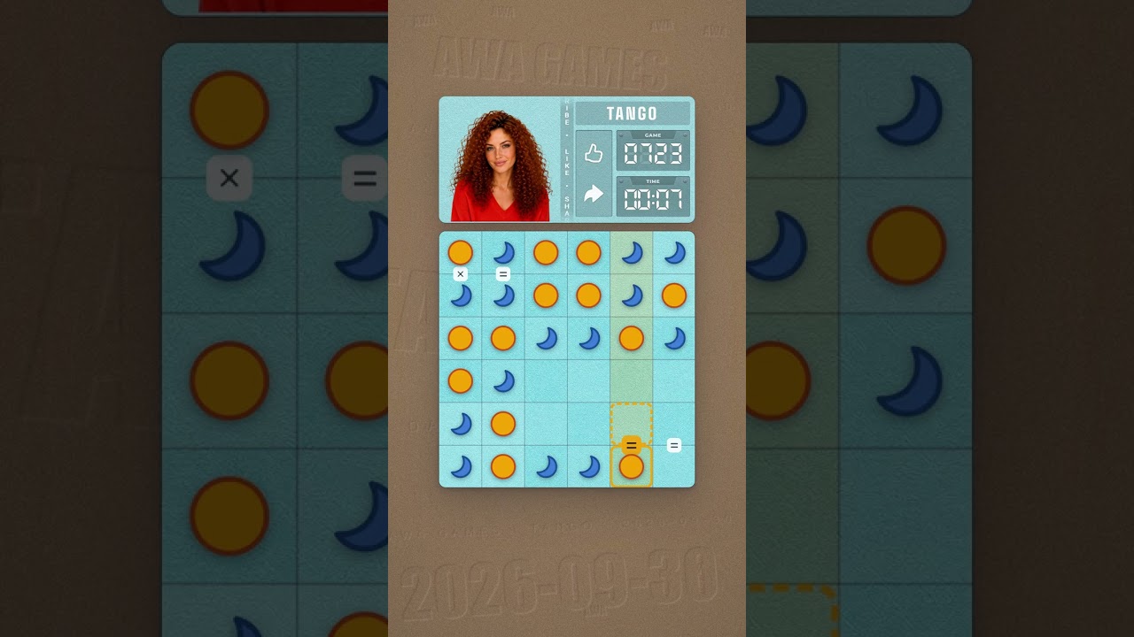 LinkedIn Tango #723 solved board for September 30, 2026, 6x6 grid