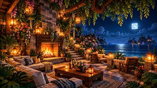 Tropical Moonlit Minecraft Coastal Terrace 🌙 Soft Piano, Fireplace & Ocean Waves for Sleep, Rest screenshot 1