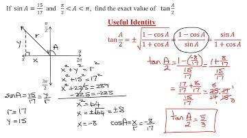 Find the Exact Value of tan(A/2) Given sin A=15/17 and Measure of Angle A Lies Between Pi/2 & Pi