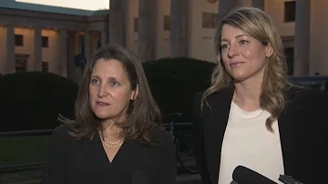 Ministers Chrystia Freeland and Mélanie Joly speak with reporters in Berlin – March 9, 2022