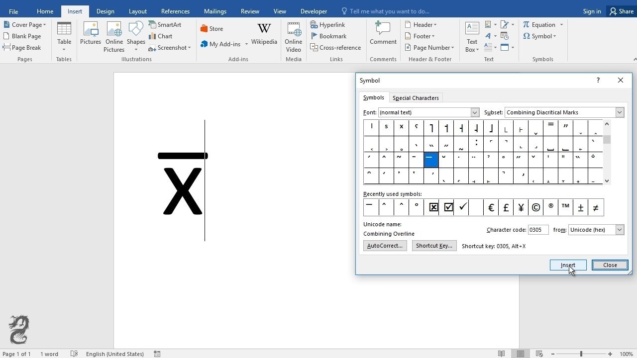 x bar symbol microsoft word