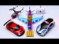 3D Light Police car | RC helicopter | Gear light Aeroplane and red car unboxing and testing