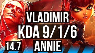 VLADIMIR vs ANNIE (MID) | Rank 1 Vlad, 9/1/6, 65% winrate, Rank 9, Godlike | TR Challenger | 14.7