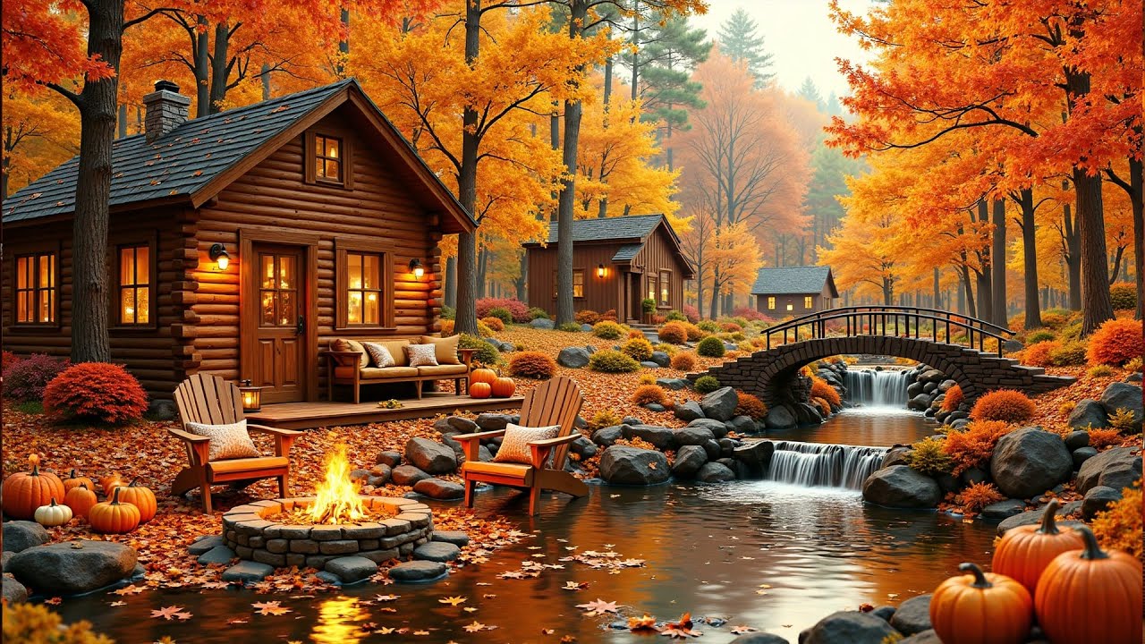 Peaceful Autumn Lake Cabin 🍂 Piano Music & Fireplace Ambience for Work ...