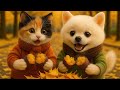 落ち葉で焼き芋　おいしいね♪#おもしろ動画 #cute #三毛猫 #ai動画 #cat #funny #ポメラニアン #pets 