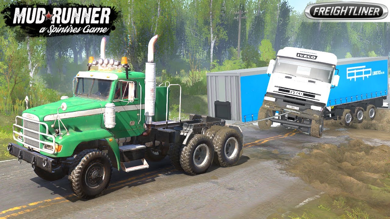 Spintires: MudRunner - FREIGHTLINER M916A1 Pulls a Iveco Truck out of a Road Collapse