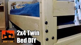 How to make a wooden twin bed with 2x4s, 2x3s, 2x6s, and furring strips. Bed is held together with wood screws, and includes 