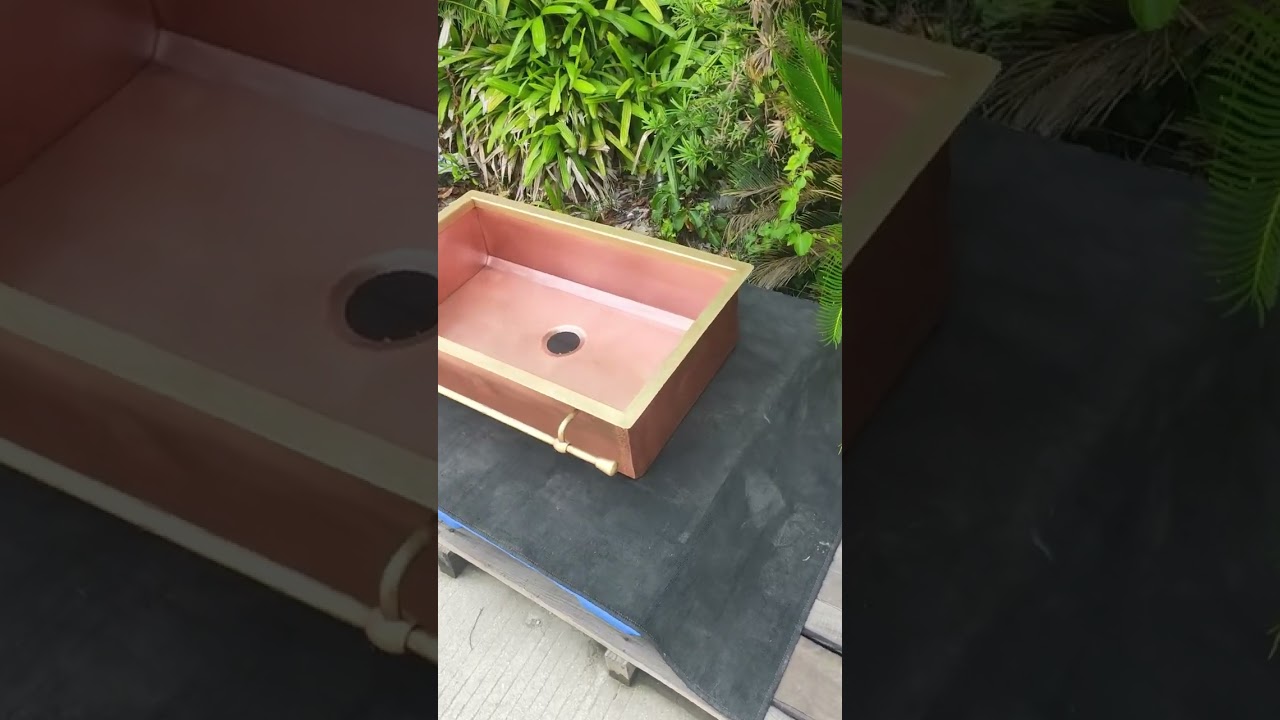 Luxury Kitchen Copper Sink with Brass top trim and handles italian design