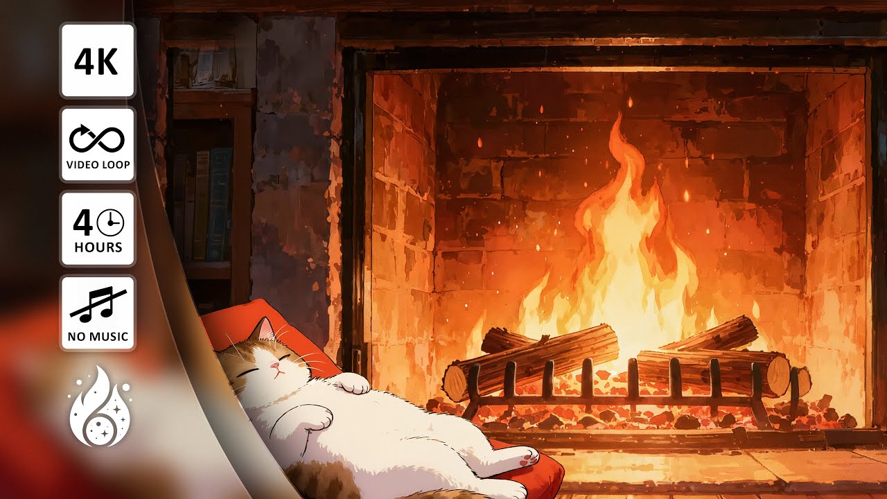 Lo-Fi Fireplace with Sleeping Cat 🔥 Cozy Anime Art | Relaxing Fire & Ambient Loop (4H)